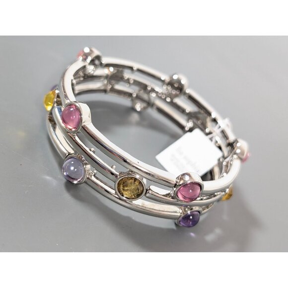 Lia Sophia Stacatto Bracelet Silver Tone Pink Purple Cab 7.5" Stretch - Picture 2 of 8